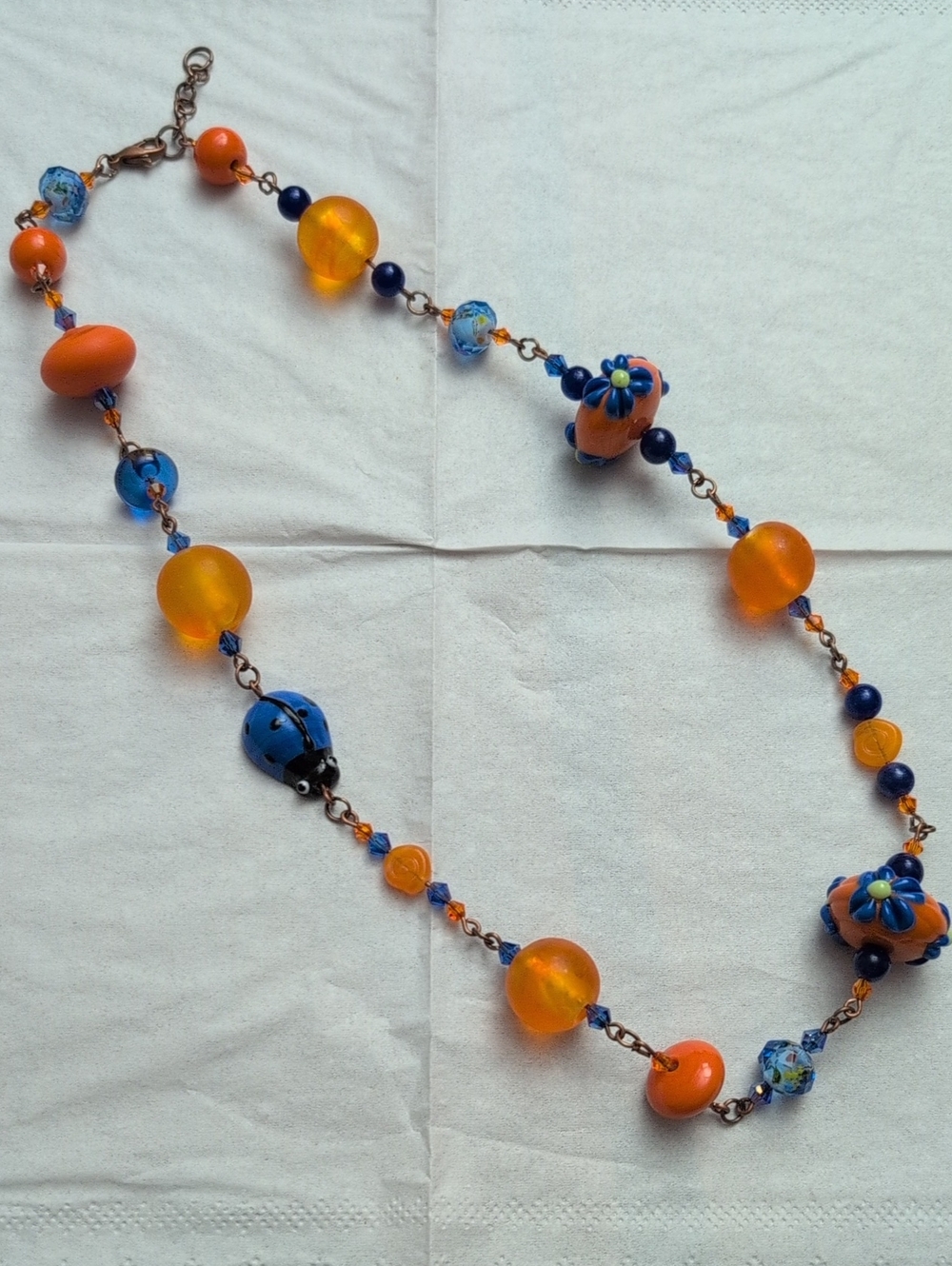 Handcrafted Orange & Blue Glass & Ceramic Bead  Copper Necklace 20"